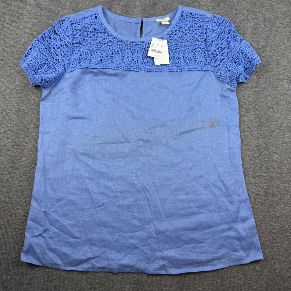 J.Crew Lace Yoke Linen Top Women's 4 Blue Short Sleeve Crochet C3489